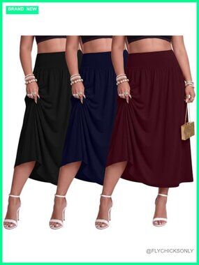 Plus Size Maxi Skirts 3 Pack A-Line High Waist Flowy with Pockets
